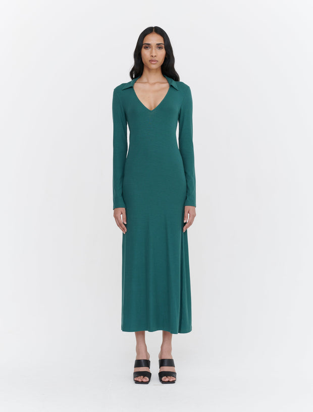 Rib Collared Long Sleeve Maxi