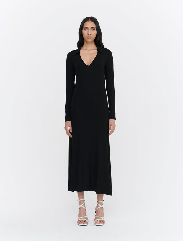 Rib Collared Long Sleeve Maxi