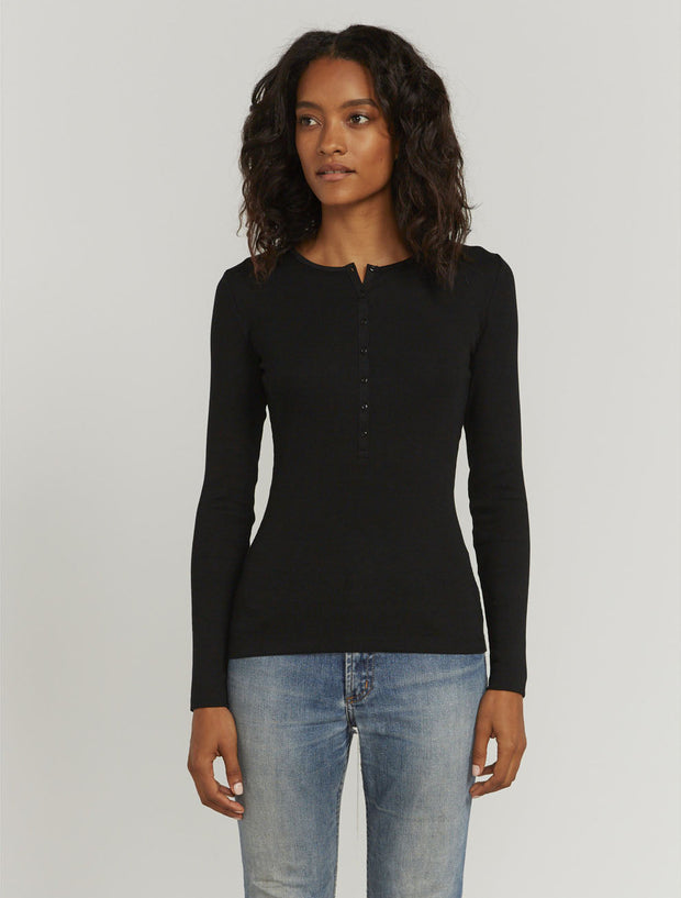 Women's Organic cotton ribbed button front black top